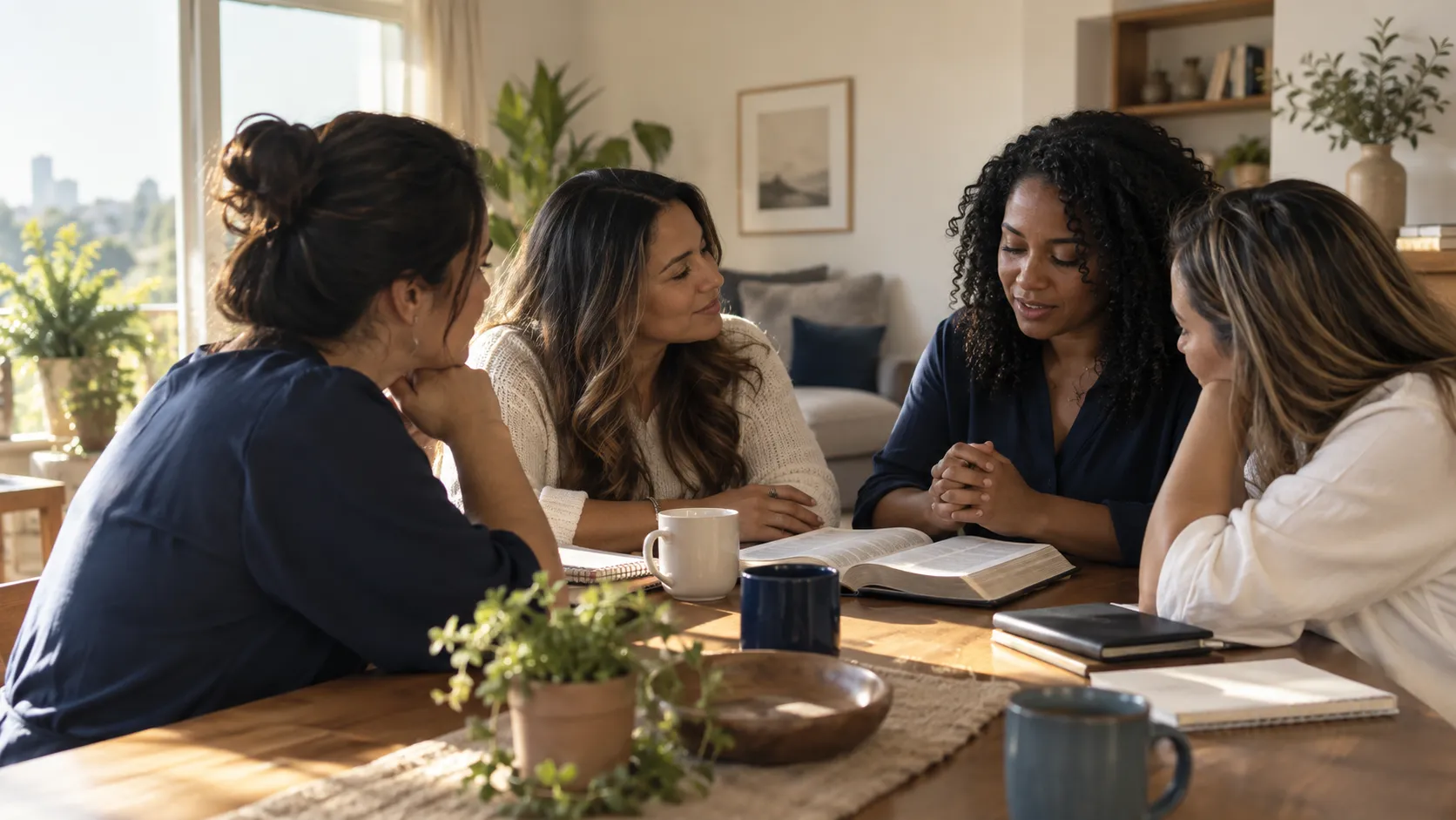Mulheres reunidas para um momento de estudo bíblico e comunhão